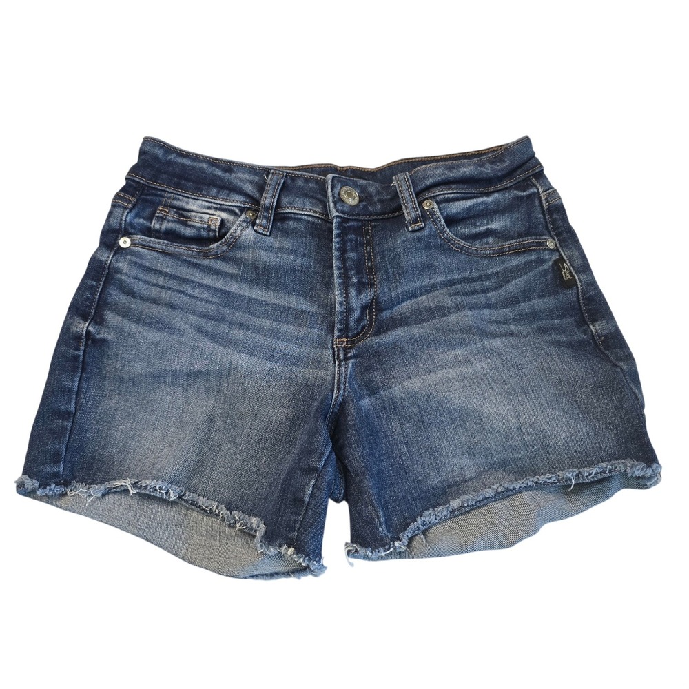Silver Jeans Co Suki Mid Rise Dark Wash Frayed Denim Shorts Womens Size 25 EUC